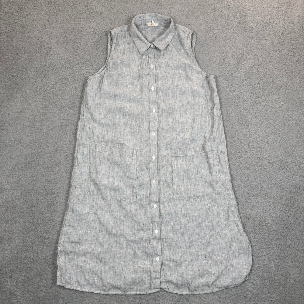 Eileen Fisher Womens Gray White Organic Linen Sleeveless Button Front Dress SP